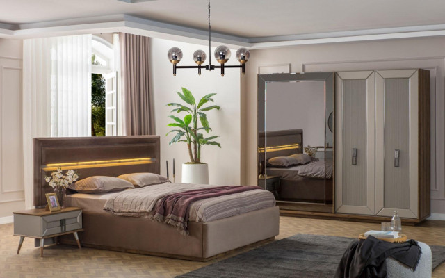  Beige Schlafzimmer Garnitur Modernes Doppelbett Glas Kleiderschrank 4tlg