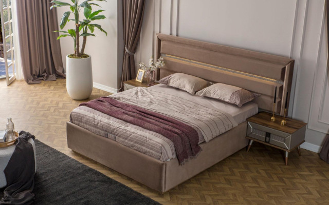  Beige Schlafzimmer Garnitur Modernes Doppelbett Glas Kleiderschrank 4tlg