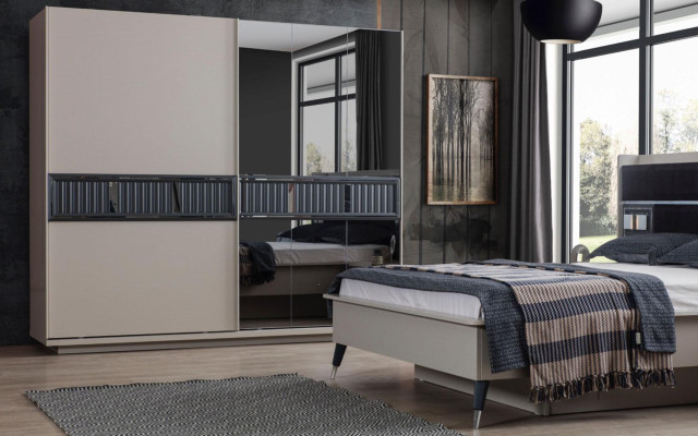  Graue Schlafzimmer Möbel Designer Bett 2x Nachttische Holz Schrank 4tlg