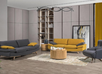  Grau-Gelbe Wohnzimmer Sitzmöbel Luxus 2x 3-Sitzer Couchen Einsitzer 3tlg