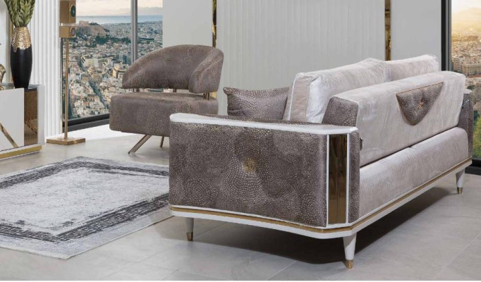 Moderne Wohnzimmer Garnitur Designer Beiger Dreisitzer Sessel Couchtisch