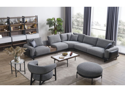 Luxus Graue Wohnzimmer Garnitur Ecksofa L-Form Couch Polster Sessel 3tlg