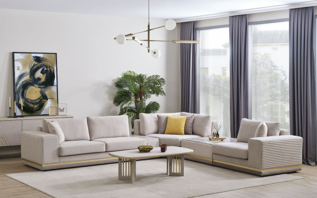Wohnzimmer Hellbeiges Ecksofa L-Form Couch Modernes Textil Sofa Möbel