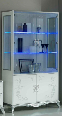 Wohnwand Wohnzimmer-Set Vitrine Lowboard Wandregal TV Tisch Weiß-Silber 3 tlgs.