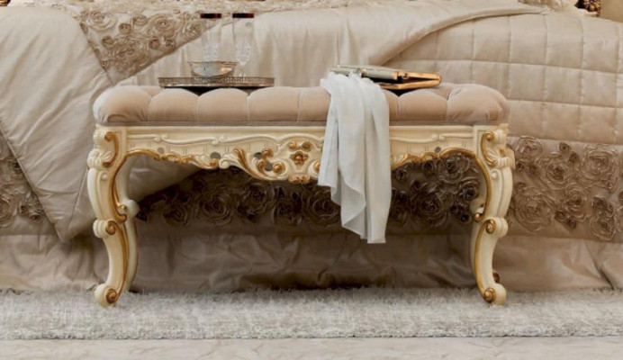Garnitur Schlafzimmer Bett Nachttisch Hocker Luxus Doppelbett Beige