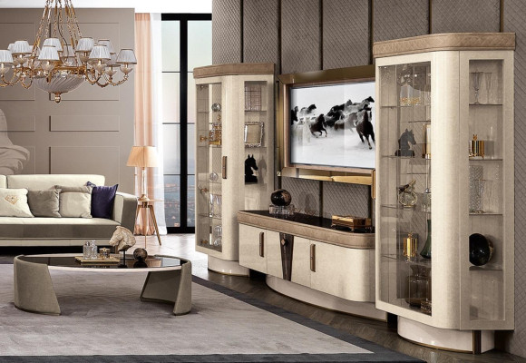 Wohnwand Set 4tlg. Wohnzimmer rtv Vitrine Regal Modern Garnitur Gruppe Holz tv