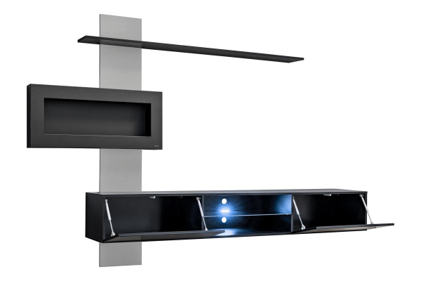 Schwarz Wohnwand mit Kamin Wohnzimmer Designer Modern Möbel TV Ständer