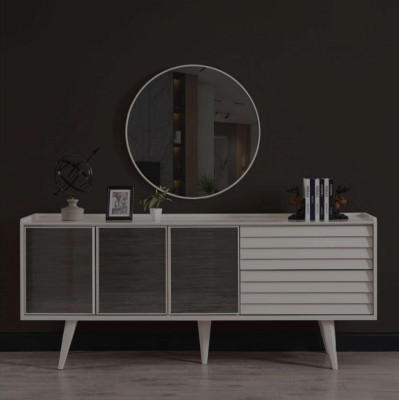 Weißes Sideboard Luxuriöser Rundspiegel Designer Holzmöbel 2tlg Set Neu