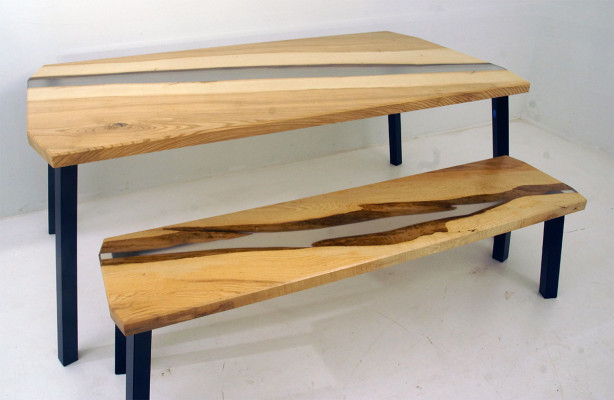 Epoxidharz Tisch Bank 2tlg. Set Echtes Holz Wasserfall Fluss Tische Gruppe Neu