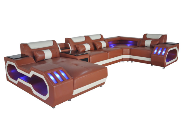 Ledersofa Couch Wohnlandschaft Garnitur Design Modern Sofa U-Form Sofa mit USB