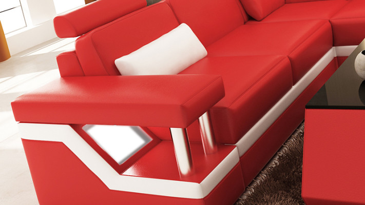 Design Leder Wohnlandschaft Eck Sofa Moderne Garnitur Couch Ecke Rot USB + LED