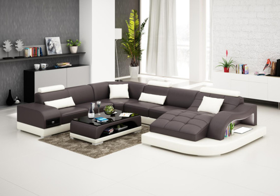 Leder Sofa Moderne Sitz Couch Polster Design Eck Wohnlandschaft + Tisch Couchen
