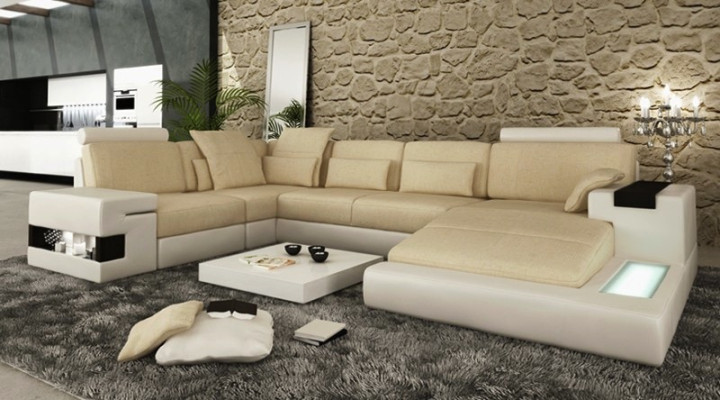 Ecksofa mit USB Sofa Couch Polster U Form Wohnlandschaft Ledersofa Designer Ecke