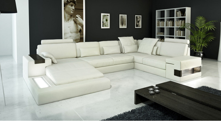 Ledersofa USB Design Sofa U Form Wohnlandschaft Couch Polster Ecksofa Neu LED