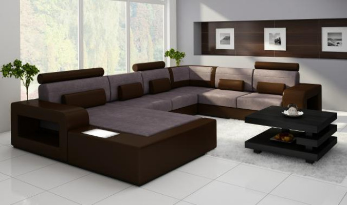 Sofa Sofagarnitur Stoff Textil Leder Sofa mit Beleuchtung Wohnlandschaft Couch !