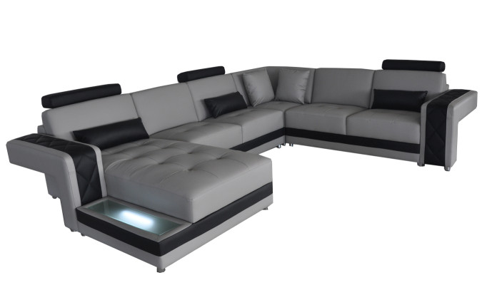 Ledersofa Couch Wohnlandschaft Eck Garnitur Design Modern Sofa U-Form LED USB