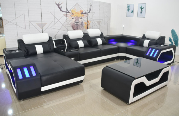 Ledersofa Sofa + couchtisch Polster Leder Design Ecksofa Couch Wohnlandschaft