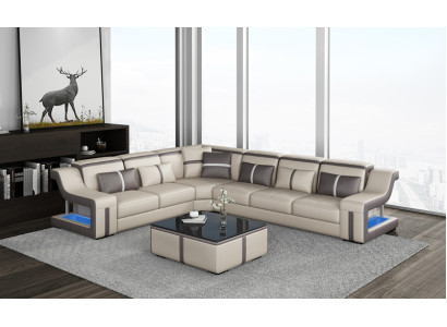 XXL Ecksofa Sofa mit USB Eck Wohnzimmercouch Sofa Couch Tisch Polster Sitz Leder