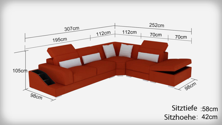 Ledersofa mit USB Wohnlandschaft Ecksofa Eck Garnitur Design Modern Sofa G8008D