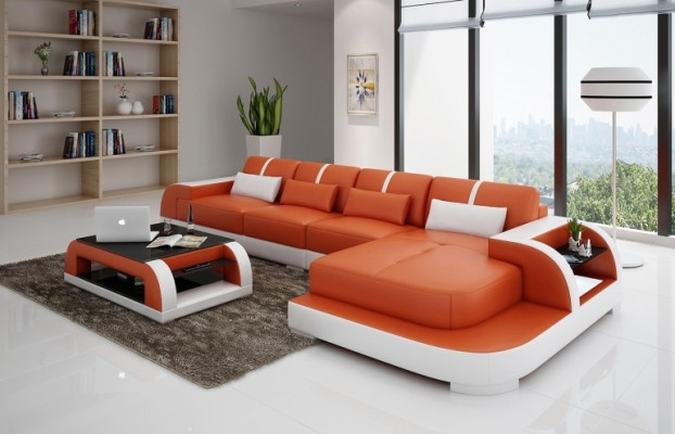 Ledersofa Ecksofa Eckcouch Polster Sitz Ecke Garnitur Wohnlandschaft H4 Weiß LED