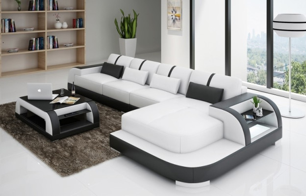 Ledersofa Ecksofa Eckcouch Polster Sitz Ecke Garnitur Wohnlandschaft H4 Weiß LED