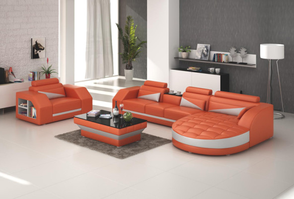 Ledersofa Couch Wohnlandschaft Ecksofa + Sessel Garnitur Design Sofa G8018E