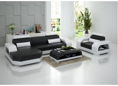 Ledersofa Couch Wohnlandschaft Ecksofa + Sessel Garnitur Design Modern LED USB