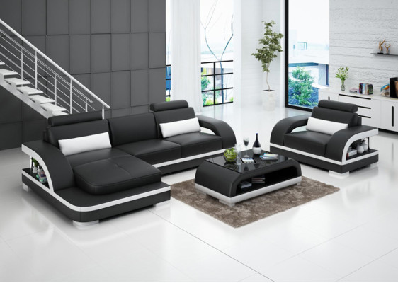 Ledersofa Couch Wohnlandschaft Ecksofa + Sessel Garnitur Modern Sofa LED + USB