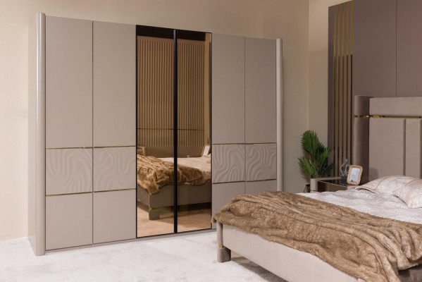 Schlafzimmer Set Bett 2x Nachttisch Kleiderschrank Schminktisch mit Spiegel 5tlg Neu