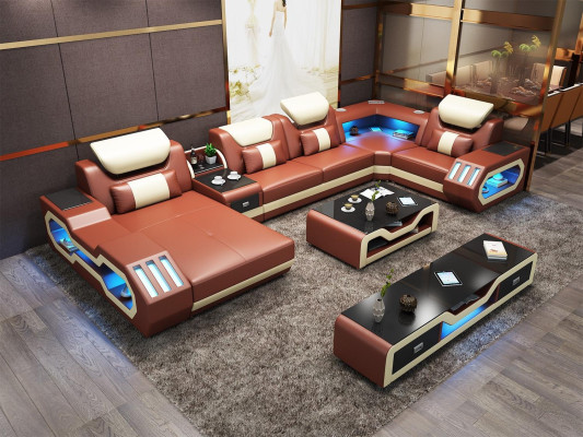 Moderne Design Wohnlandschaft Sofa Ecksofa Couch Polster rtv Couchtisch Leder