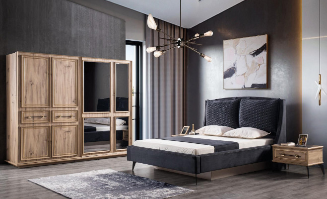 Schlafzimmer Set 4-teilig modernes Bett 2 Nachttische Kleiderschrank inklusive