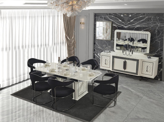 Modernes Esszimmer Set Weißer Esstisch 6 Stühle weiße Sideboard Spiegel neu