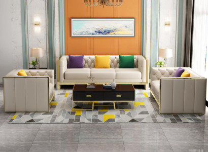 Beige Chesterfield Sofagarnitur 3+2 Sitzer Polstersofas Leder Wohnzimmer Garnitur