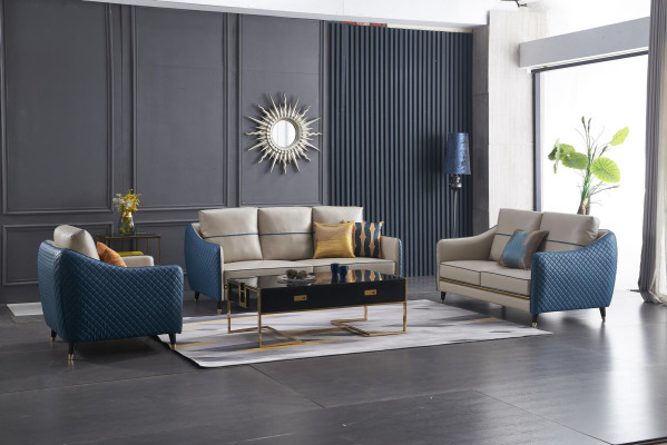 Blau-Beige Sofagarnitur 3+2 Ledersitzer Set Design Polstercouchen Deko Möbel