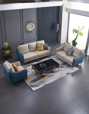 Blau-Beige Sofagarnitur 3+2 Ledersitzer Set Design Polstercouchen Deko Möbel