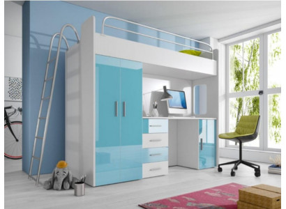 Blau Doppelstockbett Holz Etagen Bett Mädchen Hochglanz mit Schreibtisch Schrank
