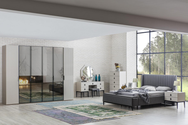Hellgraues Schlafzimmer Set Komplett Möbel Bett Kleiderschrank Nachttische 7tlg