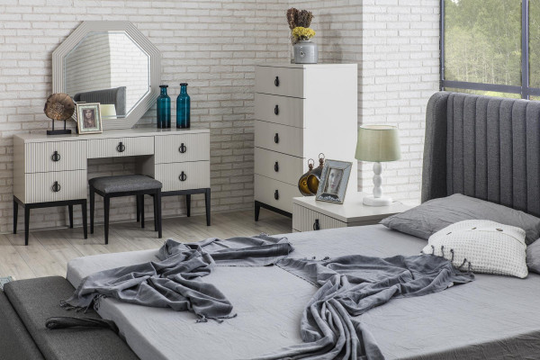 Schminktisch mit Spiegel Grauer Schlafzimmer Design Konsol Hocker Neu