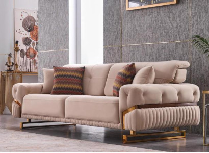 Beiger Dreisitzer Edelstahlmöbel Wohnzimmer Couch Luxus Textil Sofa