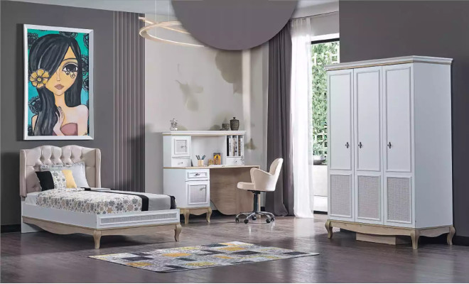 Kinder Jugendzimmer Bett + Schreibtisch + Kleiderschrank 3-teilige