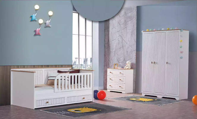 Kinderzimmer Jugendzimmer weiß Bett Kommode Kleiderschrank 3-teilige