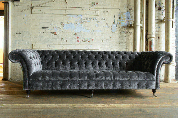 Designer Chesterfield Graue Luxus Couch Sofa 4 Sitzer Stoff Sofa