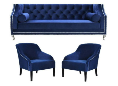 Blaue Chesterfield Sessel Blau xxl Textil Stoff Couchen Gruppe Möbel Garnitur