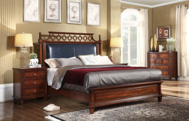 Echtholz Bett Leder 3tlg. Set Kommode Schlafzimmer Gründerzeit Garnitur Gruppe