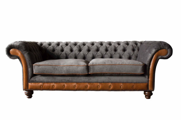 Chesterfield Sofa 3 Sitzer Design Couch Polster Stoff Polster Grau 