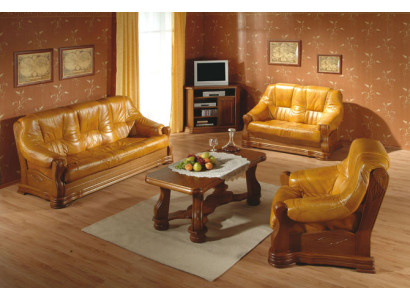 Wohnzimmer Leder Holz Möbel Garnitur 3+2+1 Sofa Couch Polster Sitz