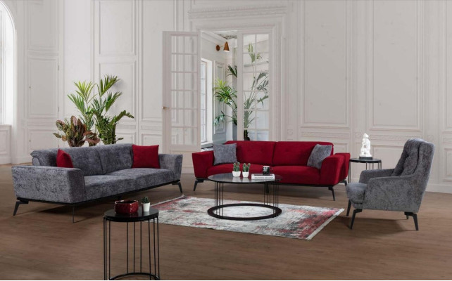 Moderner Sofa 3 Sitzer Textil Burgund Couch Polster Dreisitzer Rote
