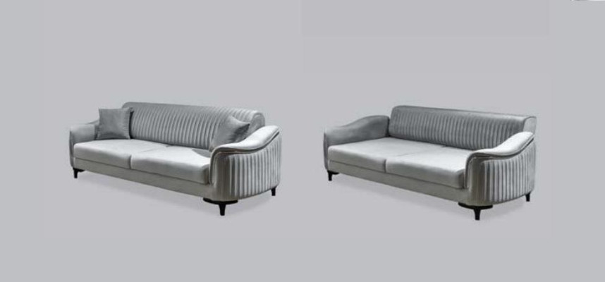 Graue Couch Wohnzimmer Dreisitzer Sitzpolster Sofa Möbel Samt Holz