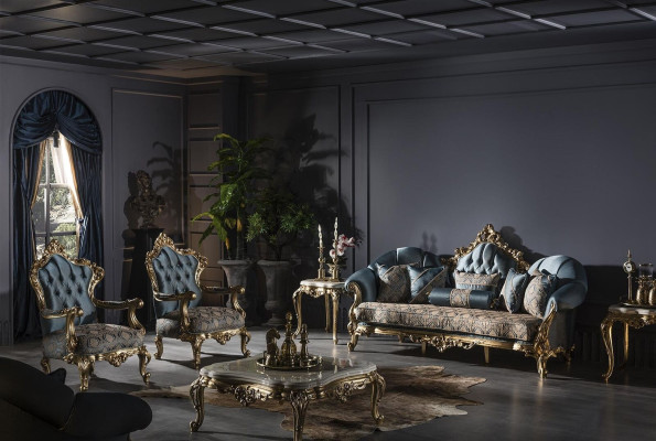 Sessel Blau Elegantes Wohnzimmer Polster Stoff Design Klassische Luxus Schön Neu