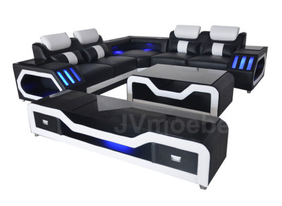 3 tlg. Set Leder Sofa Couch Garnitur Eck Sitz Polster + Tisch + RTV L Form Neu